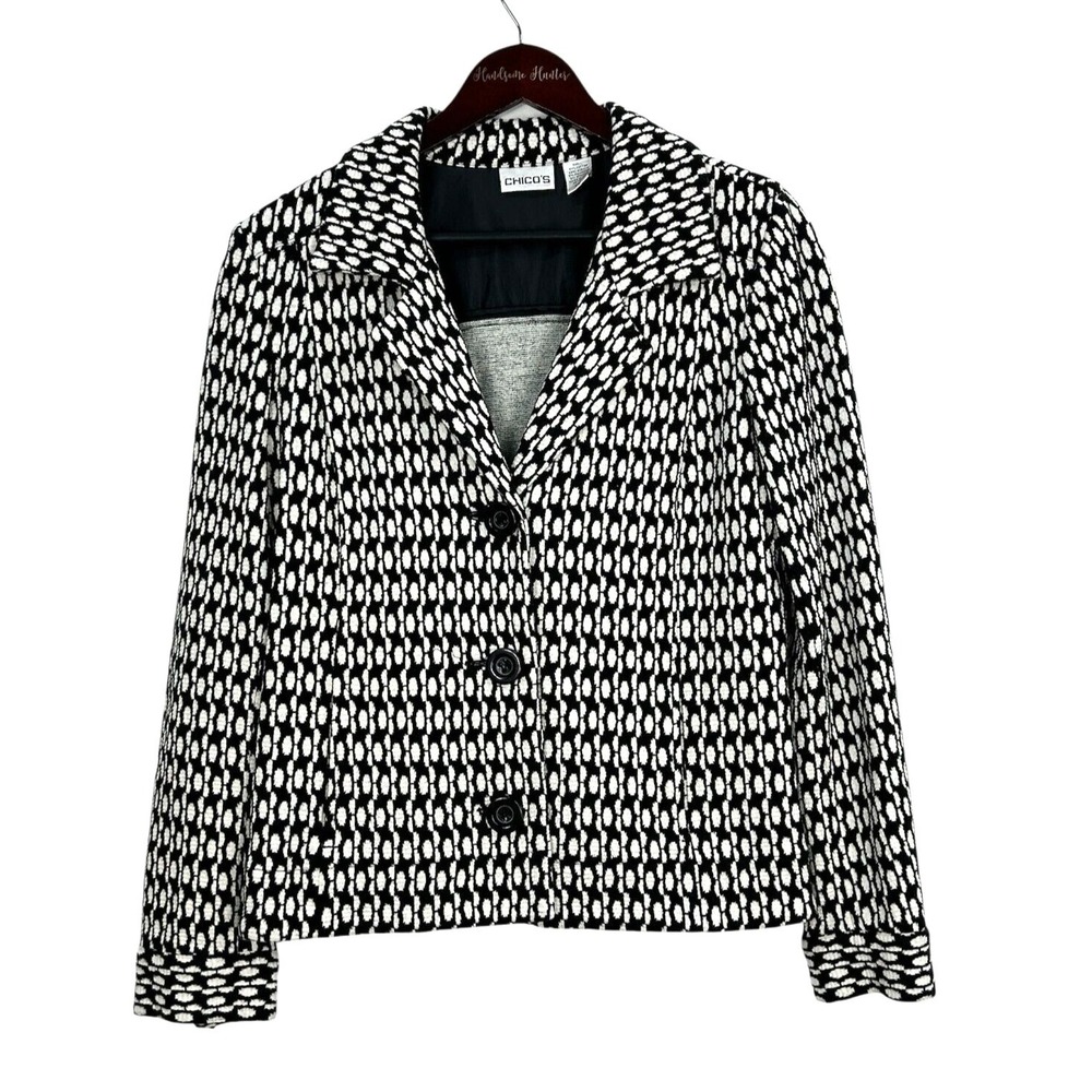 Chico's Blazer Women Size 1 Medium Black White Textured Geometric Knit 3-Button